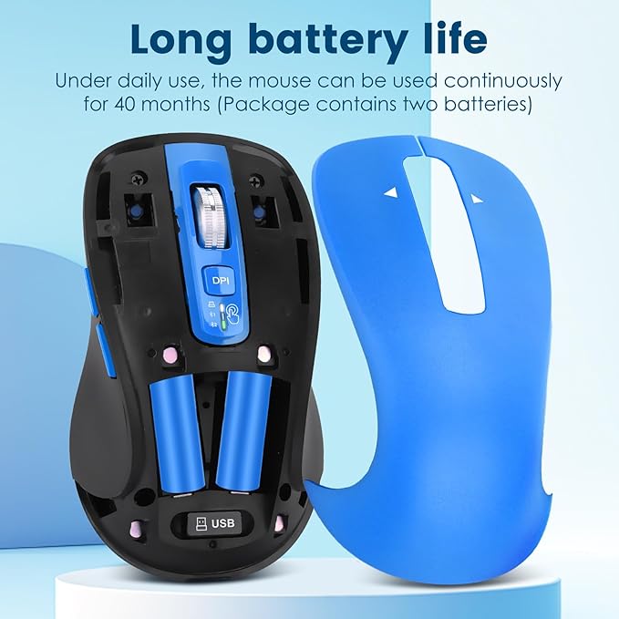 CITLLA Wireless Bluetooth Mouse (USB + BT1 + BT2), Full Size, 4-Way Scrolling, Multi-Device Silent Mouse for Computer, Laptop, iPad, MacBook (Blue)