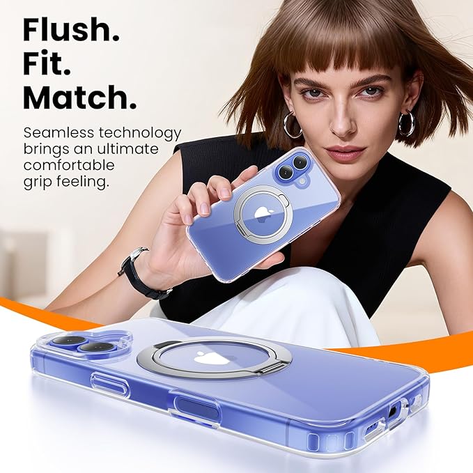 360° Ring Stand for iPhone 16 Case, Compatible with MagSafe, Military-Grade Protective, Anti-Yellowing, Scratch-Resistant Back Cover Phone Case for iPhone 16 6.1'', Clear