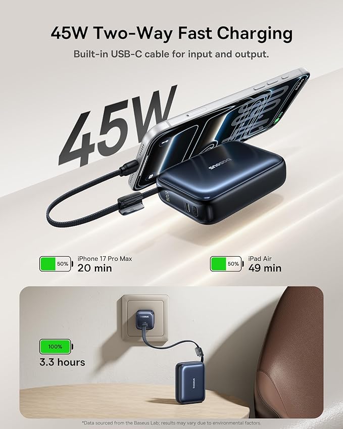 Baseus PicoGo AC22 Mini Power Bank, 20000mAh 45W PD Portable Charger Built-in USB-C Cable, Travel Essential Compact Battery Pack, Fast Charging Battery Bank for iPhone 17/16/15 Samsung S25 Pixel iPad