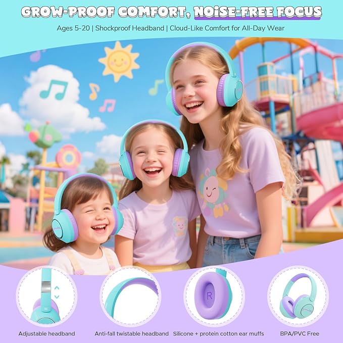 Steellumen Nova1Pro Active Noise Cancelling Headphones for Kids, 3-Level Safe Volume 75/85/94dB, ANC Safe Wireless Listen, Fast Charging, Bluetooth 5.4 with Mic, boy Girl for School, Travel & Airplane