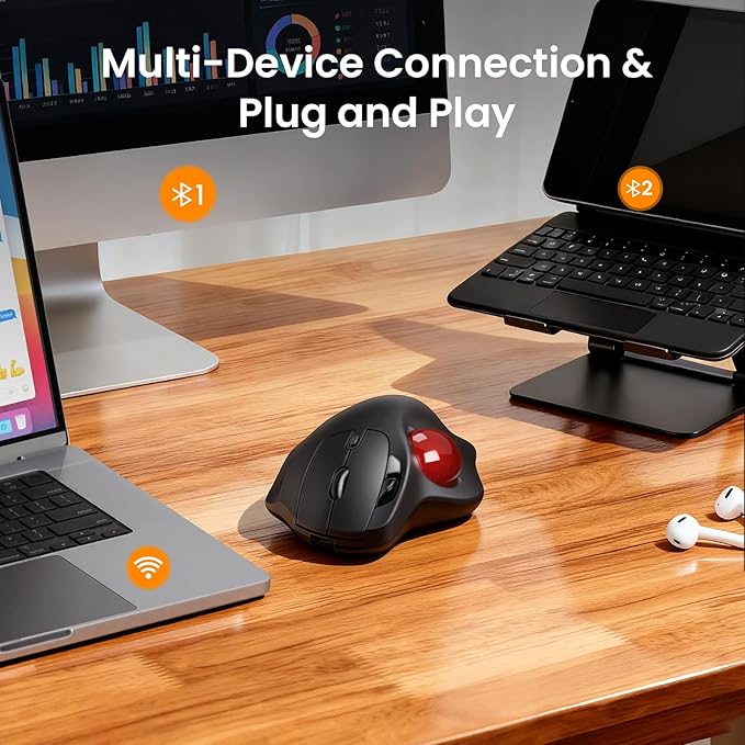 SABLUTE MAM2 Wireless Trackball Mouse, Rechargeable Ergonomic Mouse with Thumb Control for 3 Devices (Bluetooth and USB), 5-Level DPI, Silent Click, Compatible PC Laptop Mac iPad, Easy Clean