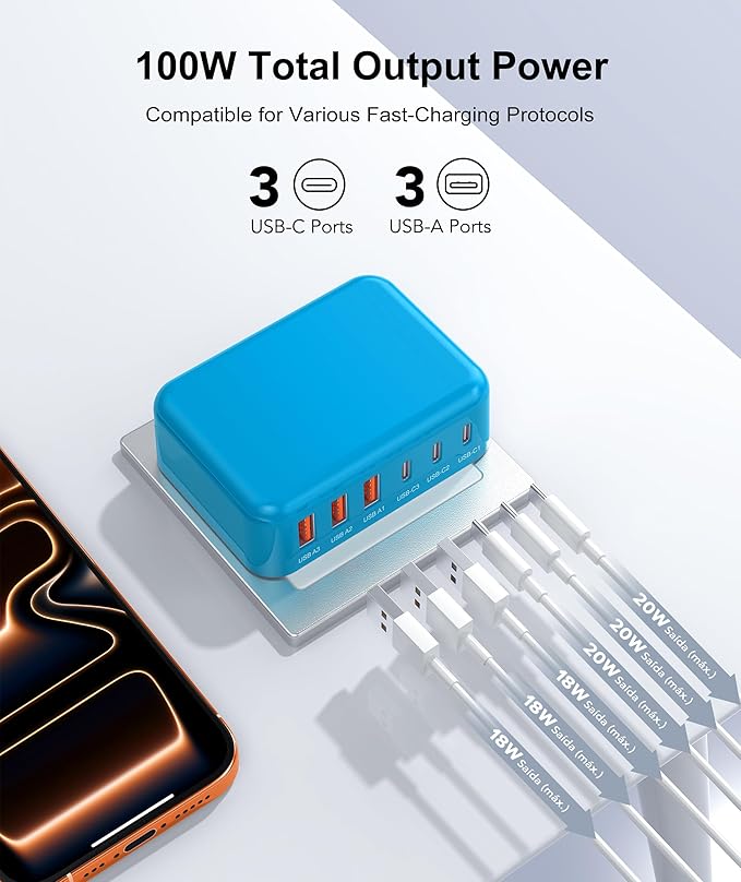 Fast Charger Block, GaN 6 Port USB C Charging Station Hub Cube, 100W Multiport Type C Wall Charger Power Strip Plug with PD+QC for iPhone 16 15 14 13 12 1 Pro Max XR XS 8 7, Samsun.g, iPad, Table