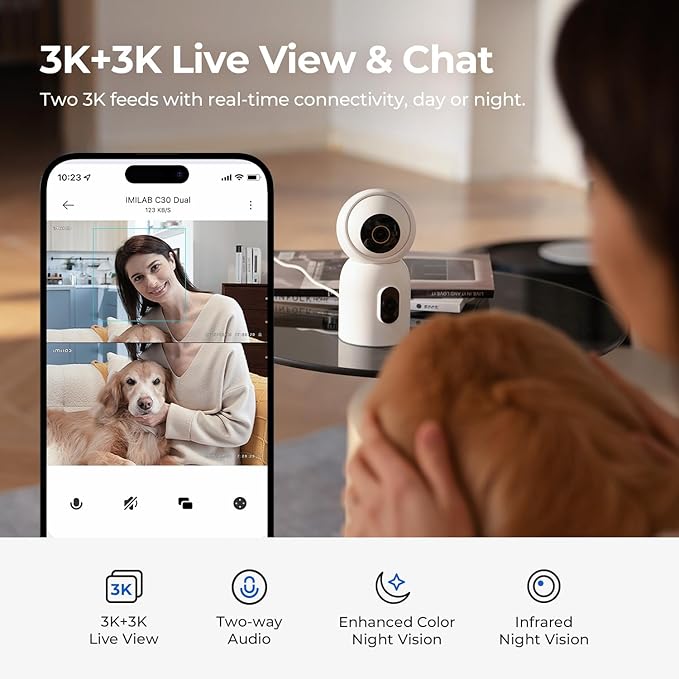 IMILAB 3K+3K Security Camera Indoor, Dual Lens Pet/Dog/Baby Camera with Xiaomi Home App, 2.4G/5G WiFi Plug-in Room Cam, Color Night Vision, Human Track, Two-Way Audio, No Subscription(C30 Dual)