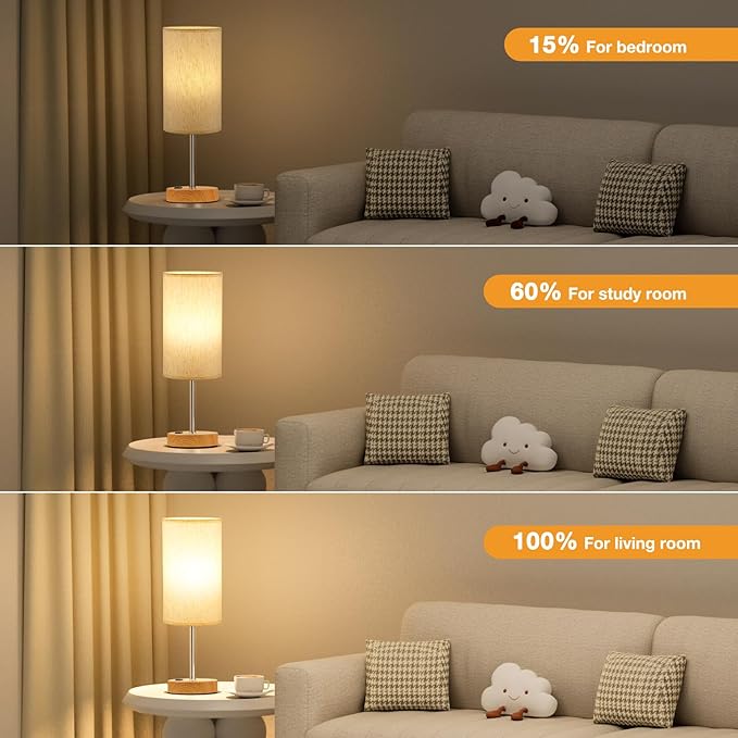 Fenmzee Touch Table Lamp - Cream, 3-Way Dimmable, USB A + C Charging, AC Outlet, 17.4inch Medium, Wood Grain Base