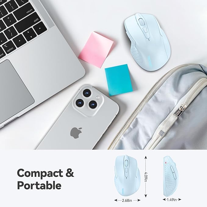 TECKNET Wireless Mouse, 2.4G Ergonomic Optical Mouse, Computer Mouse for Laptop, PC, Computer, Chromebook, Notebook, 6 Buttons, 24 Months Battery Life, 2600 DPI, 5 Adjustment Levels - Lightblue