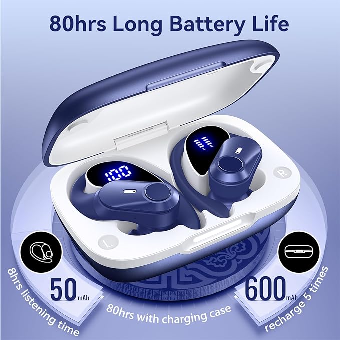 Active Noise Cancelling Wireless Earbuds Bluetooth Headphones 80H Playtime Ear Buds with Power Display Case Hi-Res Sound & Clear Calls Over Ear Hooks Earphones for Sports Running Gym Workout Blue