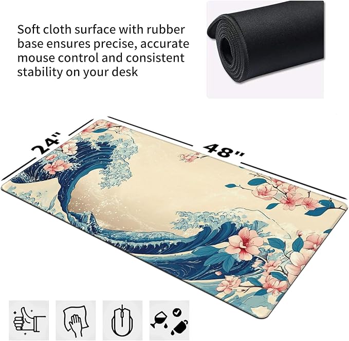 Japanese Sea Wave Extended Large Mouse Pad for Desk, 48"x24" Big Gaming Mouse Pads with Stitched Edges, Non-Slip Rubber Base Computer Desk Mat Mouse Mat for Home Office Work