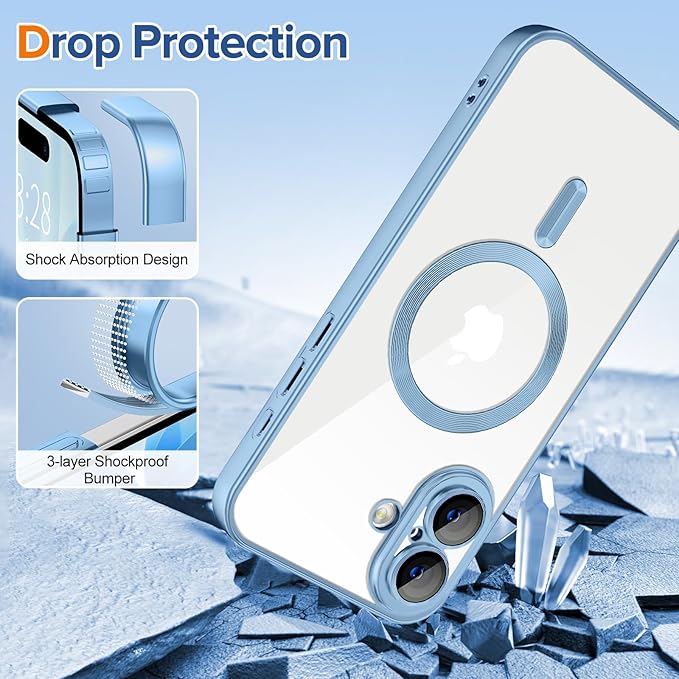 Hython Magnetic Clear for iPhone 17 Case with Camera Lens Protector [Compatible with MagSafe] Luxury Plating Edge Slim Soft TPU Cover Protective Phone Case for iPhone 17 6.3", Matte Light Blue