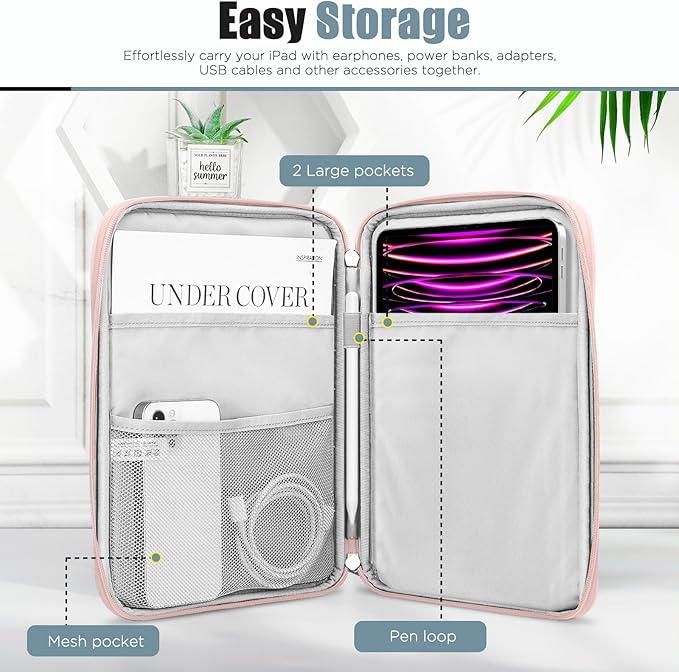 TiMOVO 13 Inch Tablet Sleeve with Pocket for iPad Air 13" M3 2025, iPad Pro 13"/12.9", Galaxy Tab S9/S10 Plus/S9 FE+ 12.4", Remarkable Paper Pro 11.8", Pink