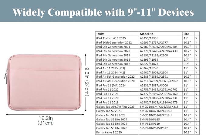 TiMOVO 9-11 Inch Tablet Sleeve Bag for iPad 11-inch A16 2025, iPad 10th Gen. 10.9", iPad 10.2", iPad Air 11/5th/4th Gen. 10.9", Galaxy Tab A9 Plus 11", Carrying Case with Pocket, Pink