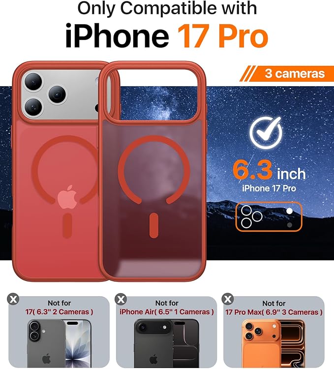 Magnetic for iPhone 17 Pro Case,[Anti-Slip][Compatible with MagSafe][Military Grade Drop Protection] Shockproof Protective Translucent Matte Phone Case for iPhone 17 Pro Case,Red