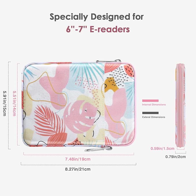 MoKo Padded Ereader Sleeve Case for 6-7 inch Tablet Bag, Compatible with 7" E-Reader Device, 6" Kobo Clara BW/Colour, 6" Nook Glowlight 4, Tropical Leaf