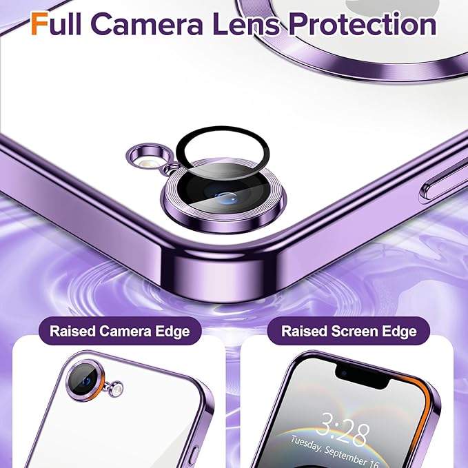 Hython Magnetic Clear for iPhone 16e Case with Camera Lens Protector [Compatible with MagSafe] Luxury Plating Edge Slim Soft TPU Cover Protective Phone Case for iPhone 16e 6.1", Deep Purple