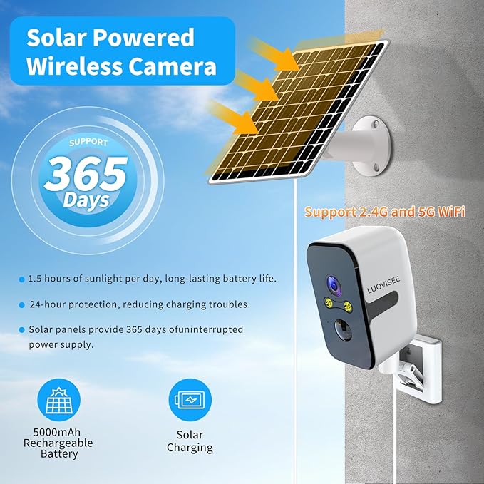 Luovisee 2.4/5G WiFi Cameras for Home Security with Solar Panel,Pan Rotating 180° Magnetic Security Camera Wireless,No Monthly Fee, Motion Detection,Work with Alexa,IP65 Weatherproof,Outdoor & Indoor