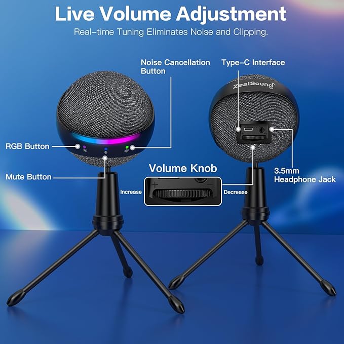 ZealSound Podcast USB Microphone for PC/Mac/iPhone, Cardioid Condenser Mic with Noise Reduction, Tap-to-Mute, RGB Lighting, Zero Latency Monitoring, Volume Control for Gaming, Recording, YouTube