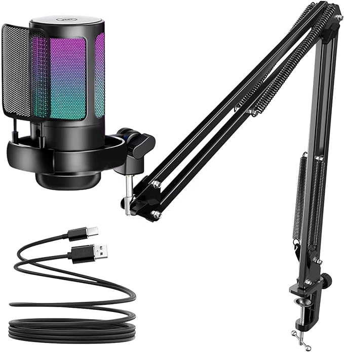 KingSom Gaming USB Microphone,Noise Cancellation Condenser Mic with Boom Arm,Podcast Microphones RGB Computer Mic,Streaming Microphone with Pop Filter, Mute Button,Gain for Recording,Discord,YouTube