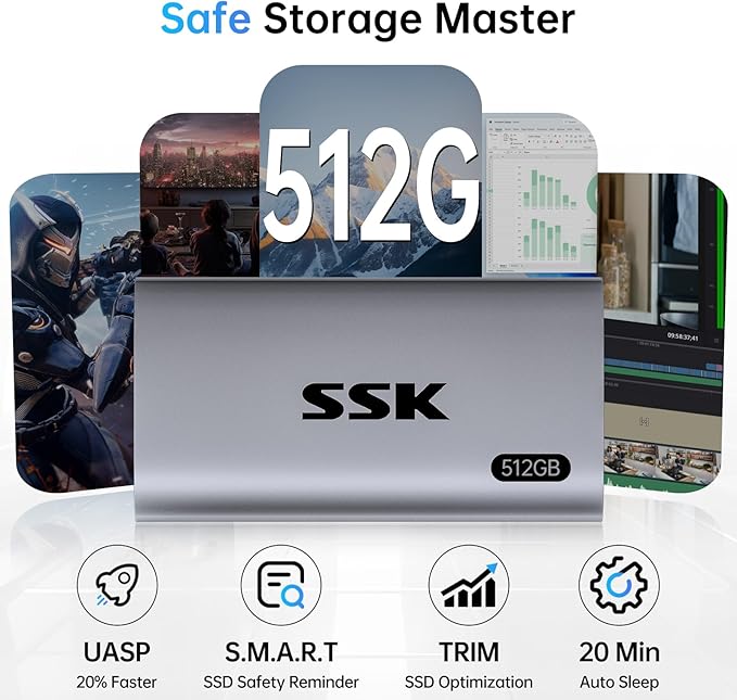 SSK 512GB SSD External Hard Drive, Portable SSD Up to 550MB/s Fast Solid State Drives External, USB 3.2 Gen2 for iPhone 15/16 Pro, Win, Mac, Android with LED Light, Trim, SMART Supported