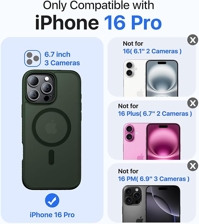 Magnetic for iPhone 16 Pro Case,[Compatible with MagSafe][Military-Grade Drop Protection][Anti-Yellowing]Shockproof Protective Translucent Matte Cover for iPhone 16 Pro Phone Case,Forest Green