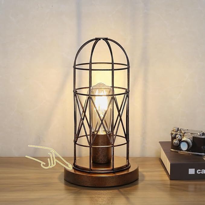 Seaside village Small Touch Lamp, Industiral Bedside Table Lamps with Antique Bronze Cage, 3 Way Dimmable Nightstand Steampunk Edison Lamp for Bedroom Living Room Kitchen, LED Bulb Included