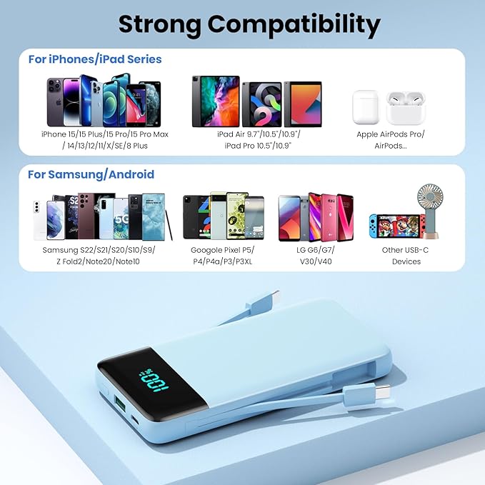 Portable Charger for iPhone,13800mAh Slim Power Bank with Built-in Cables & AC Wall Plug,All in One 4 Outputs USB C Fast Charging Battery Pack Travel Essential for iPhone 17/16/15/14,Android(Sky Blue)