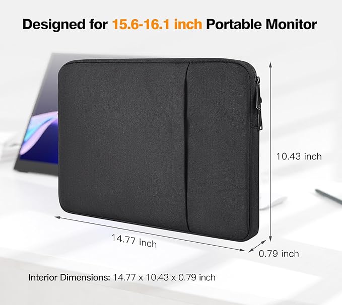 Portable Monitor Case 15.6 16.1 inch, Padded Shockproof Carry Sleeve Bag for 15.6" 16.1" Portable Display Monitors, Water-Resistant Laptop Bag Cover with Accessory Pocket -Black