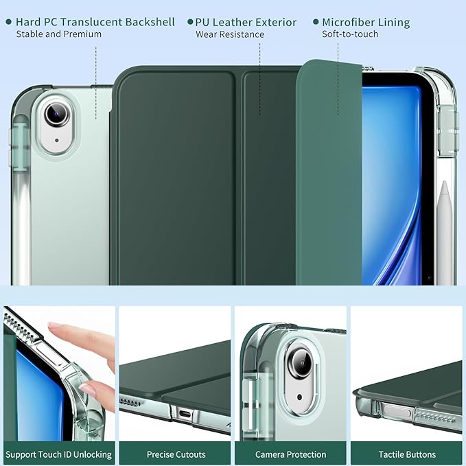 MoKo for iPad Air 11 inch Case (M4/M3/M2) 2026/2025/2024, iPad Air 5th/4th Gen 10.9 inch Case 2022/2020 with Pencil Holder, Slim Light Trifold Cover with Hard PC Translucent Back Shell, Midnight Green