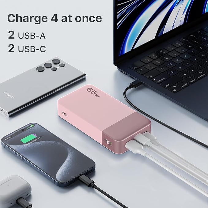 NOBIS 20000mAh Battery Pack Power Bank 65W Power Bank, Portable Charger with Digital Display, Dual USB-C/USB-A Fast Charging for Laptop, Phone, Tablet, Travel-Friendly External Battery Pack