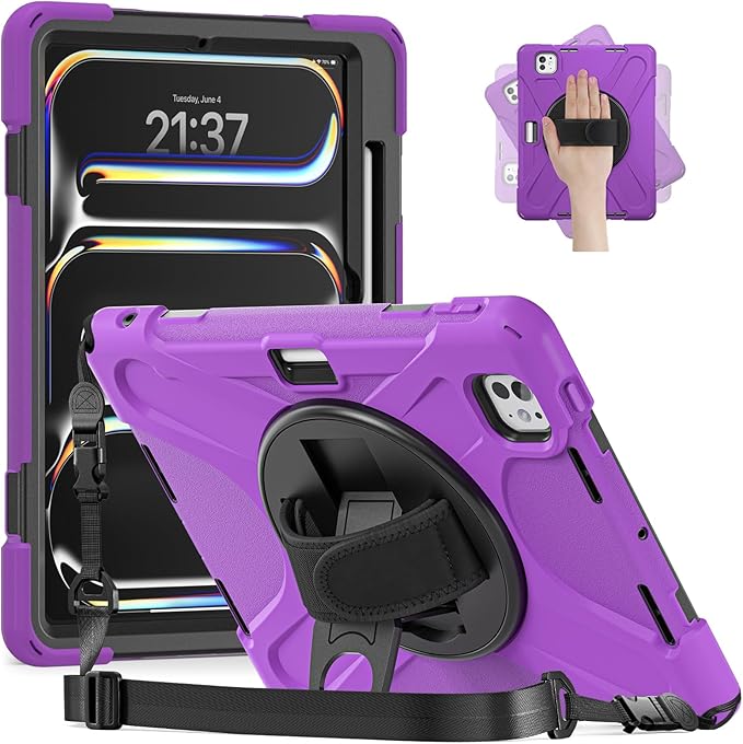 Batianda Case for New iPad Pro 11-inch 2025 M5 2024 M4 Chip Heavy Duty Rugged Durability Silicone Tablet Cover with 360° Rotating Hand Strap Foldable Hidden Stand & Shoulder Strap, Purple