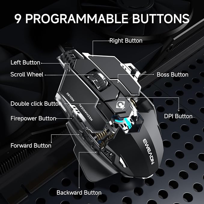 SEUNKWANG EWEADN G5 Wired Gaming Mouse, Ergonomic RGB Computer Mouse, 12800 Adjustable DPI, 9 Programmable Macro Buttons with Rapid Fire Key Compatible for PC/Laptop/Windows-Black&White