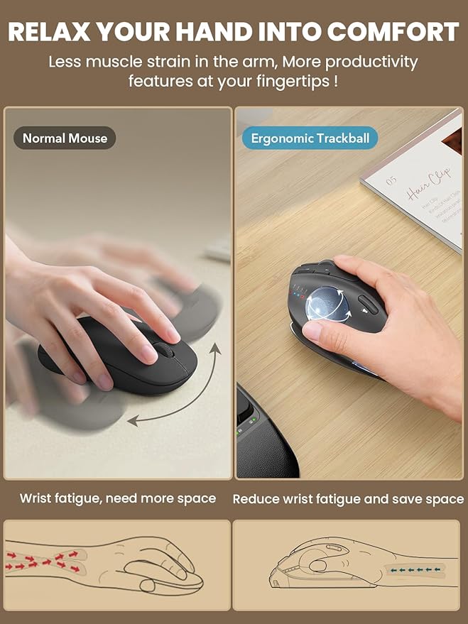 MAM1 Pro Wireless Trackball Mouse, Ergonomic Bluetooth Rechargeable Computer Mouse, Backlit Rollerball Thumb mice with 5 Level DPI, Adjustable Angle, 3 Devices Connection for PC, Windows - Gray Mouse