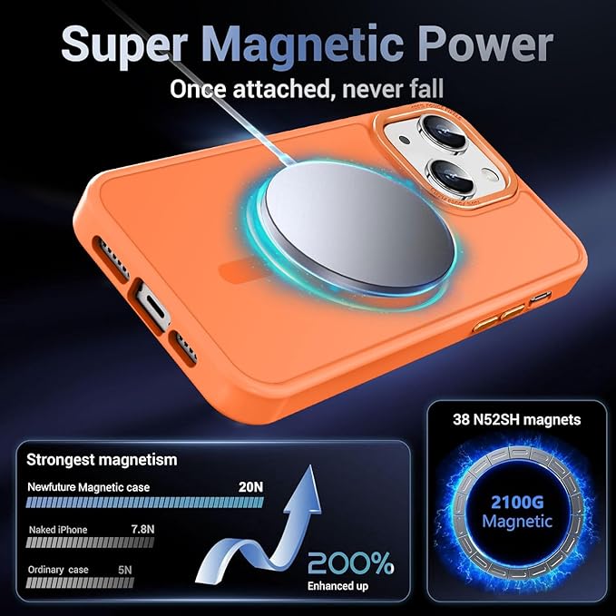 Newfuture Magnetic for iPhone 15 Case [Compatible with Magsafe] [Military Grade Drop Protection] Translucent Matte Anti-Fingerprint Shockproof Phone Case for iPhone 15 6.1 inch, Orange