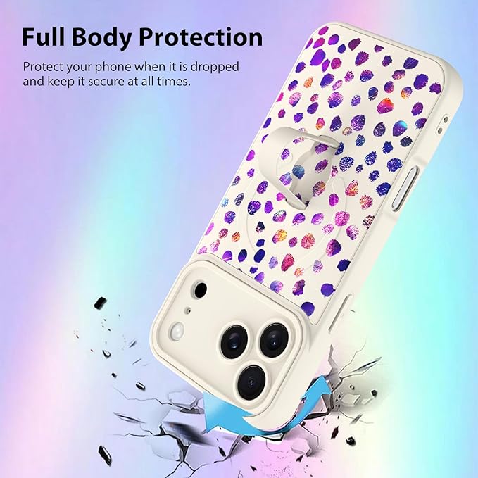 KANGHAR Compatible with iPhone 17 Pro Max Case, Support for MagSafe, Silicone Cute Iridescent Pattern Leopard Print Cheetah, Wristband Kickstand Shockproof Soft Slim Cover for Girls Women, White