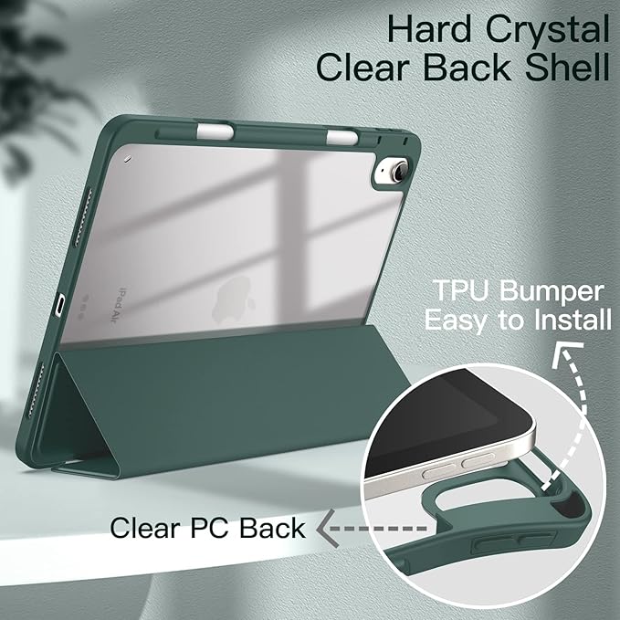 JETech Case ONLY for iPad Air 11-Inch M4/M3/M2 (2026/2025/2024), iPad Air 5/4 (2022/2020 5th/4th) with Pencil Holder, Clear Transparent Back Slim Stand Shockproof Tablet Cover (Misty Blue)