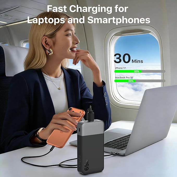 NOBIS 20000mAh Battery Pack Power Bank 65W Power Bank, Portable Charger with Digital Display, Dual USB-C/USB-A Fast Charging for Laptop, Phone, Tablet, Travel-Friendly External Battery Pack
