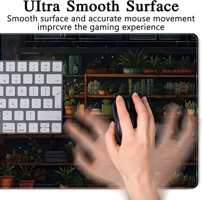 Lofi Cat Desk Mat Dark Green Plant Books Desk Pad Black Cat Aesthetic Anime Big Mouse Pad Large Gaming Mousepad XL Cool Keyboard Pad Deskmat Laptop Computer Mouse Mat 31.5X 15.7in