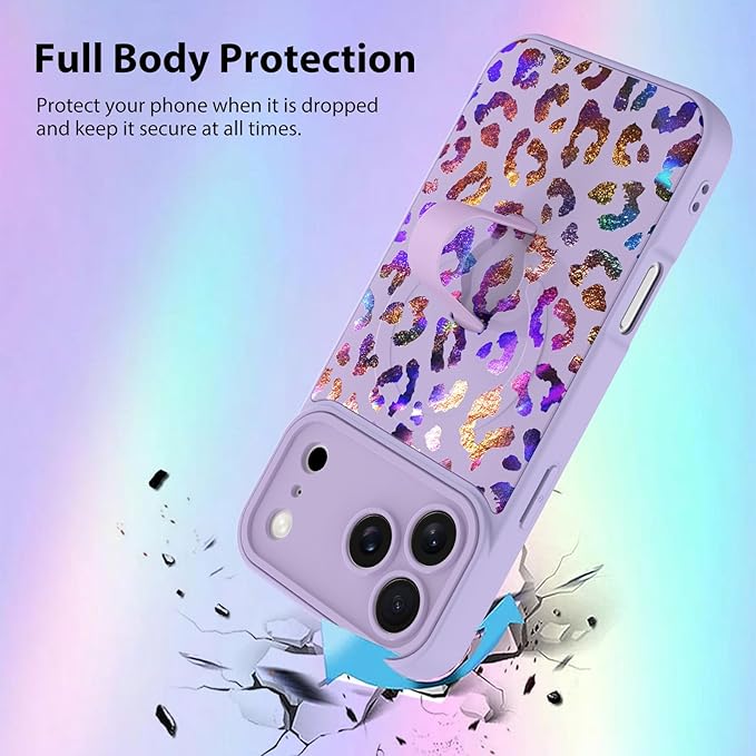 KANGHAR Compatible with iPhone 17 Pro Max Case, Support for MagSafe, Silicone Cute Iridescent Leopard Cheetah Pattern, Wristband Kickstand Shockproof Protective Slim Cover for Women Girls, Purple