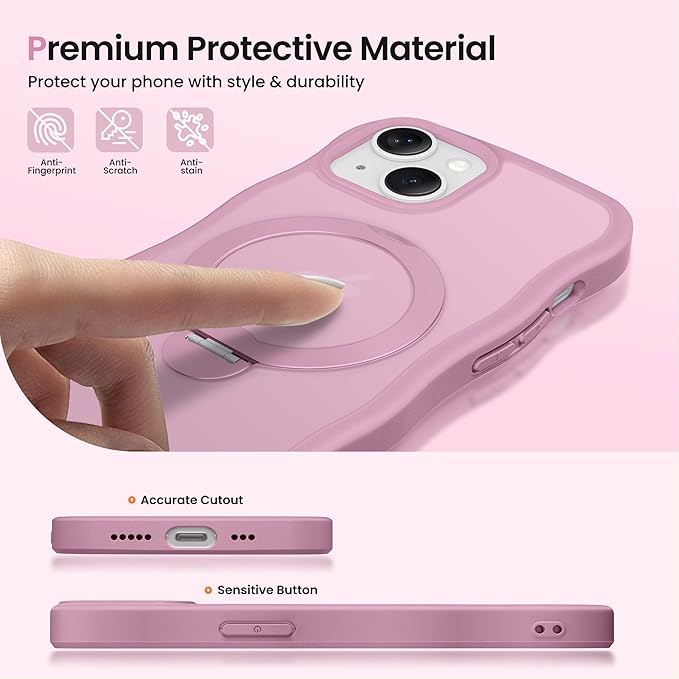 CAPRARO for iPhone 13 Case & iPhone 14 Case with 360° Spin Magnetic Stand for Women, [Compatible with MagSafe] [Camera Protection] Cute Wave Translucent Matte Case for iPhone 13/14, Black Currant