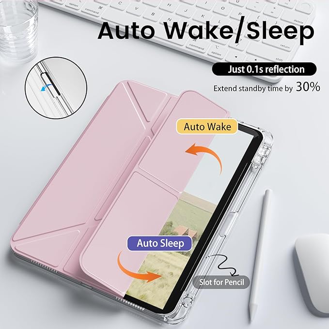 Clear Case for iPad mini 7 A17 Pro 8.3 Inch, iPad mini 7th/6th Generation Case (2024/2021),Slim Shockproof Transparent Back,Y-Shaped Mutil Angles Folding,Supports Pencil Pro&USB-C (Pink)