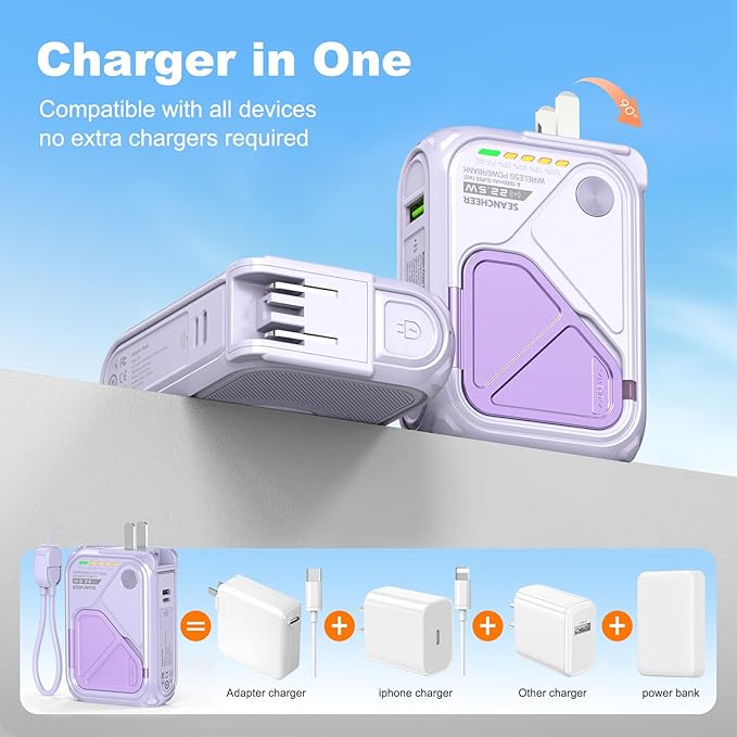 SEANCHEER P05 Portable Charger, Magnetic Power Bank, Small PowerBank, Battery Pack10000mAh Travel Essentials Fast Charging with Built in Cable, Foldable Wall Plug for iPhone,Samsung,Andriod (Purple)