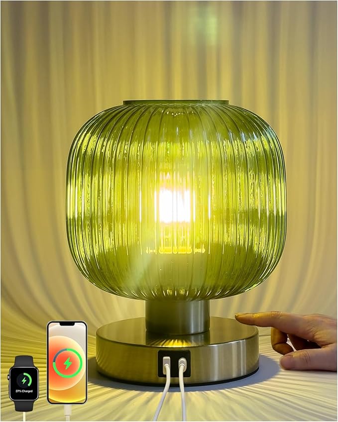 Elenhome Big Touch Table Lamp,Elegant Green Glass Bedside Lamp 3 Way Dimmable with USB C+A Charging Ports - Bedroom Nightstand & Living Room Essential, 4W Bulb Included (Green)