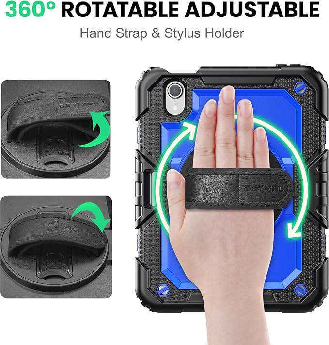 SEYMAC Case for iPad mini 7 (A17 Pro) 2024/ Mini 6 8.3″, Full-Body Shockproof Protective Case with Screen Protector, Rotating Stand, Hand/Shoulder Strap for iPad mini 7th/ 6th Generation, Dark Blue