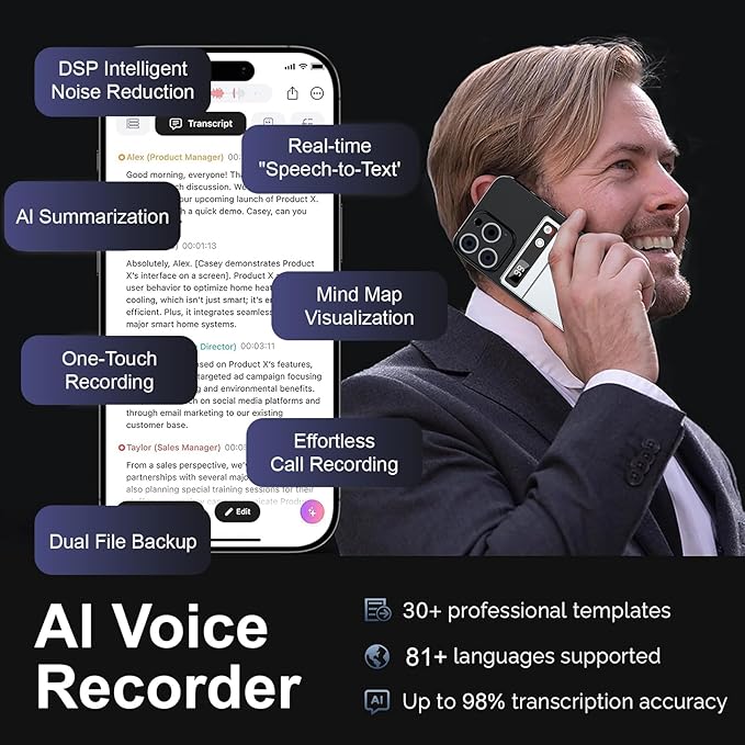 Ai Voice Recorder with Transcribe & Summarize, Note Voice Recorder Support 118 Languages, 64GB, Audio Recorder with App Control, Slim Ai Note Taking Device for Lectures, Meetings, Calls
