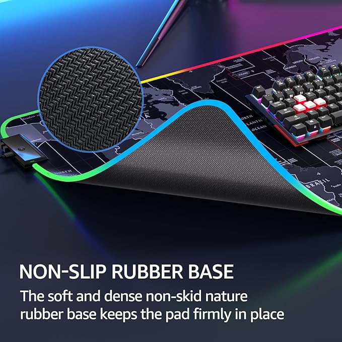 KTRIO RGB Large Gaming Mouse Pad Desk Mat, Superior Micro-Weave Cloth, Non-Slip Rubber Base, Stitched Edges, Water-Resistant, for Gamer, Office & Home, 31.5 x 15.7 in, RGB World Map