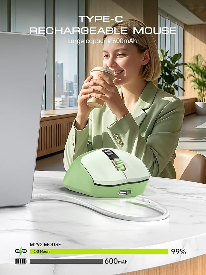 XISOGUU Wireless Bluetooth Mouse, Bluetooth 5.0/4.0 & 2.4G Tri-Mode, Type-C Rechargeable with LED Screen Display, Ergonomic Silent Click for Laptop/PC/Tablet, Multi-Device & Office Use