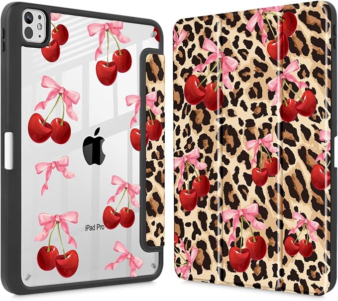 May Chen for iPad Pro 13 Inch Case M5 2025 / M4 2024, Built Pencil Holder & Clear Transparent Print Back Shell Slim Stand Shockproof Tablet Cover, Auto Wake/Sleep, Cherry & Cheetah