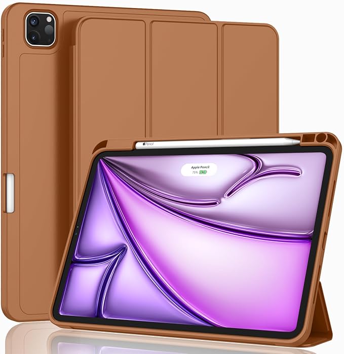 ZryXal New iPad Air 13 Inch Case M3 2025/M2 2024 with Pencil Holder, Trifold Stand Smart Case with Soft TPU Back,Auto Wake/Sleep(Brown)