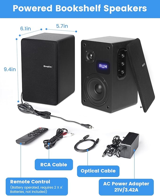 Active Bookshelf Speakers, 80W Powered Vinyl Record Player Speakers with 4 Inch Woofer, Turntable Speakers with Optical/ARC/RCA/AUX/BT Input, Home Stereo Speakers Wired for TV Desktop PC