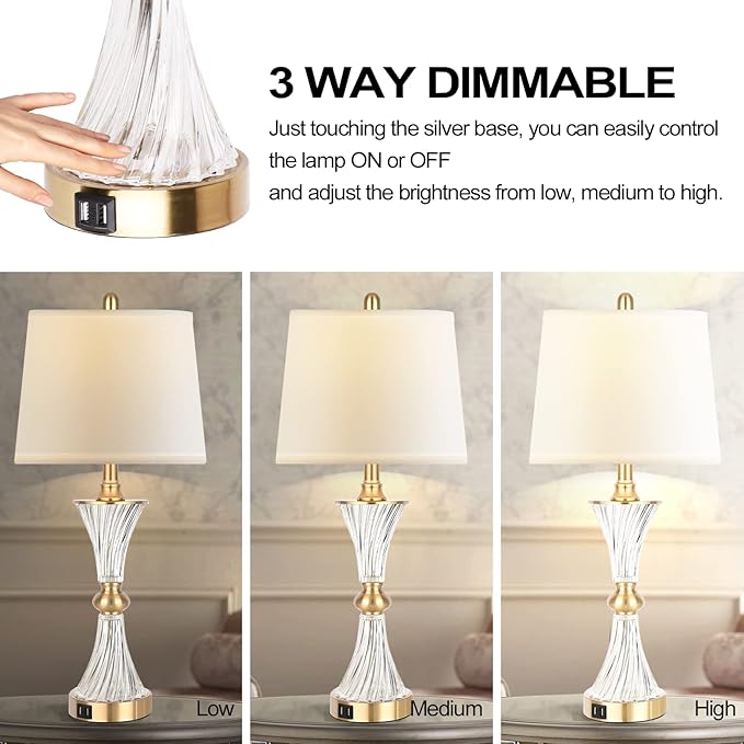 Hamucd Touch Table Lamps for Bedroom Set of 2 Modern Living Room 3 Way Dimmable Gold Glass Bedside Nightstand Lamp for End Table with 2 USB Charging Port,2 Bulbs Included