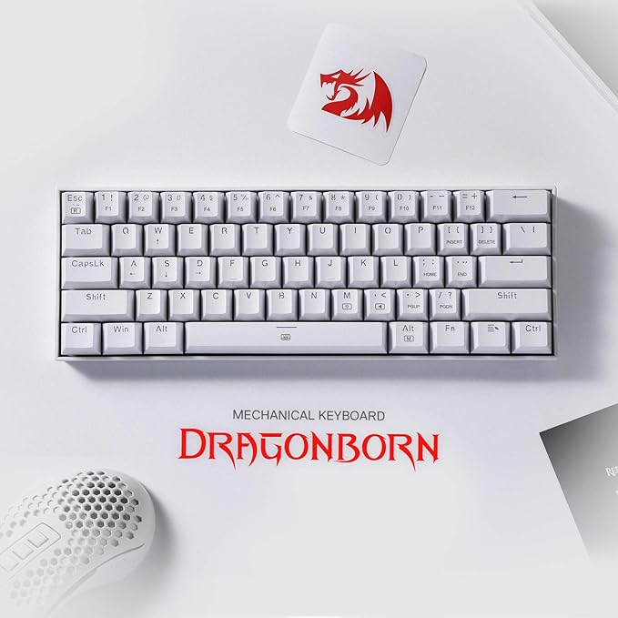 Redragon K630 Dragonborn 60% Wired RGB Gaming Keyboard, 61 Keys Compact Mechanical Keyboard with Linear Red Switch, Pro Driver Support, White