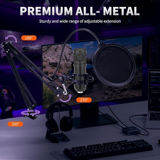 Condenser Microphone,Professional Cardioid Studio Streaming Podcast PC Computer USB Microphone Set with Adjustable Mic Suspension Scissor Arm for Broadcasting,Gaming, YouTube,Meeting